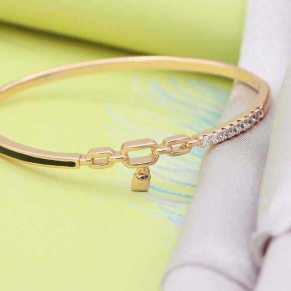 Elegant Rose Gold Bangle with Diamond Accents and Chain Link Charm, XPBL0459 - Picture 4 of 11